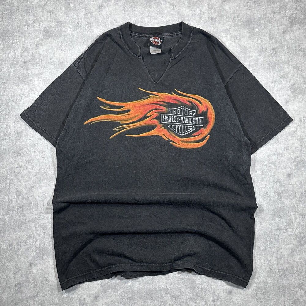 Vintage Harley Davidson Mens Black T-Shirt Large Flame Sun Faded Cut Neck